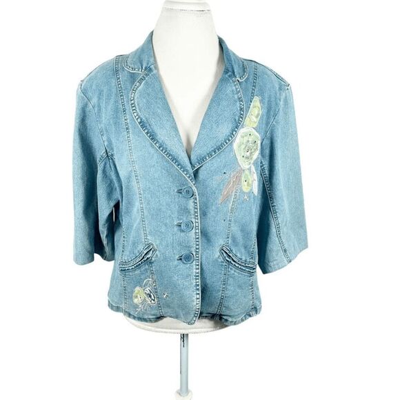 VTG D'Mode Classix Jean Jacket Floral Applique 80s Crop Shoulder Pads Size XL - Picture 1 of 12